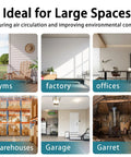 Collage showing large spaces including gyms, factories, offices, warehouses, garages, and garrets, ideal for air circulation.