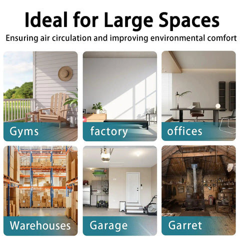 Collage showing large spaces including gyms, factories, offices, warehouses, garages, and garrets, ideal for air circulation.