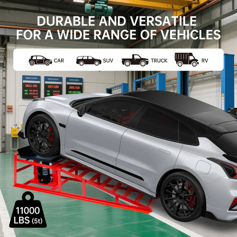 Heavy Duty 11,000 Lbs Hydraulic Car Ramps With Low Profile Lift, red ramp under a silver car in garage setting