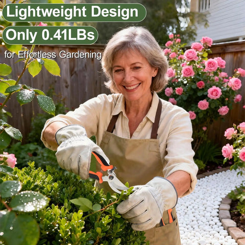 Effortless 7.5 Inch Pruning Shears For Roses And Shrubs With Stainless Steel Blades used by woman in garden