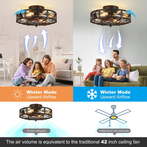 Rustic Black Caged Flush Mount Ceiling Fan With Lights And Remote, Vintage Low Profile Ceiling Fan, winter mode airflow