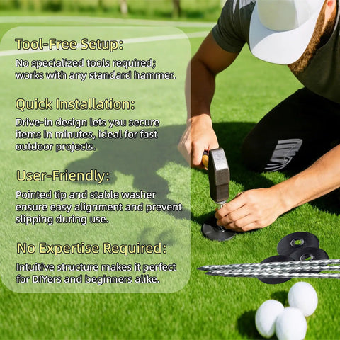 Person installing Heavy Duty 12 Inch Galvanized Landscape Stakes With Gasket Caps, 50 Sets Spiral Garden Spikes Kit for securing