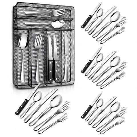 24 Piece Stainless Steel Silverware Set For 4 Dishwasher Safe Flatware Utensils With Knife Fork Spoon Steak Knife And Black Wire Mesh Storage Tray Included