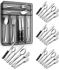 24 Piece Stainless Steel Silverware Set For 4 Dishwasher Safe Flatware Utensils With Knife Fork Spoon Steak Knife And Black Wire Mesh Storage Tray Included