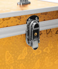 Close-up of Built Tough Aluminum Tool Box With Secure Lock And Heavy Duty Handle, showcasing secure latch and golden finish.