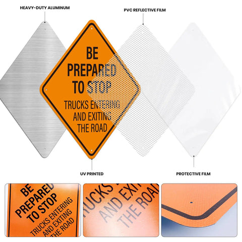 Be Prepared to Stop Sign for Trucks Entering and Exiting the Road 24x24 Inch Reflective Aluminum Traffic Safety Sign layers