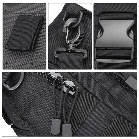 Close-up details of Outdoor Tactical Bag Backpack For Everyday Carry Lightweight Military Style Pack, showing clips and zippers