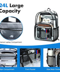 Transparent Rolling Backpack With Wheels And Three Stage Telescopic Handle Heavy Duty See Through Bookbag showing compartments and laptop area.