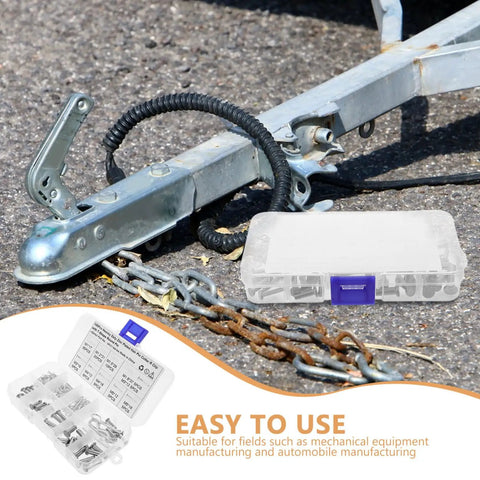 Assorted Safety Cotter Pin Kit 100 Pcs For Quick Install And Easy Removal Carbon Steel Silver Pins Includes Variety Of Pin Types For Auto Hitch Clips Heavy Duty And Rust Resistant Outdoor Ready on trailer hitch and storage case