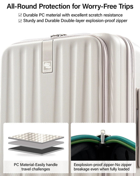 Front view of ivory white Hanke 24-inch expandable hard-shell luggage with top-opening zipper and wheels