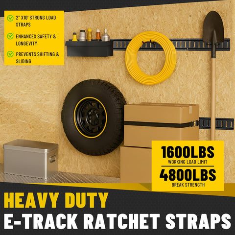 Heavy Duty E Track Cargo Tie Down Kit With Four Five Foot Rails Four Two Inch By Ten Foot Ratchet Straps in storage setup