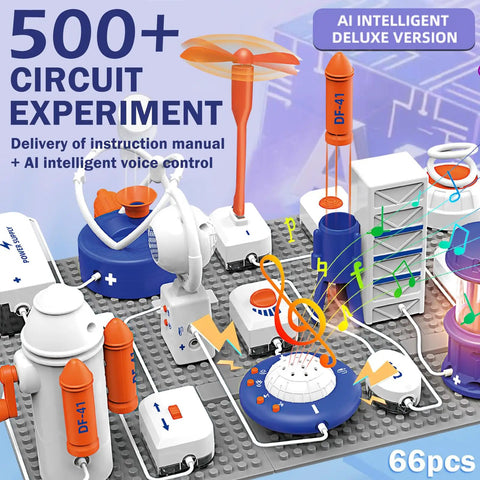 Hands On AI Powered Science Toy Set With Smart Voice Physics Circuits And Electronic Building Blocks For STEM Education 500 Plus Projects 66 Pieces Perfect Holiday And Birthday Gift For Kids Aged 3 And Up, 66-piece circuit layout