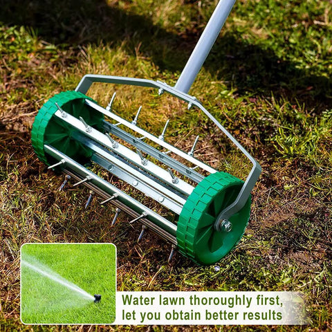 Pro Grade Spike Lawn Aerator With Heavy Duty Rolling Design For Lawn And Garden, showing spikes and steel handle on grass