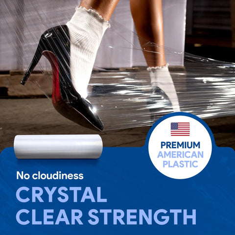 18 Inch Plastic Stretch Film Roll 1200 Feet Offers 500 Percent Stretch Capacity And 3 Inch Smooth Core Heavy Duty Packing Supply in use with high heels.