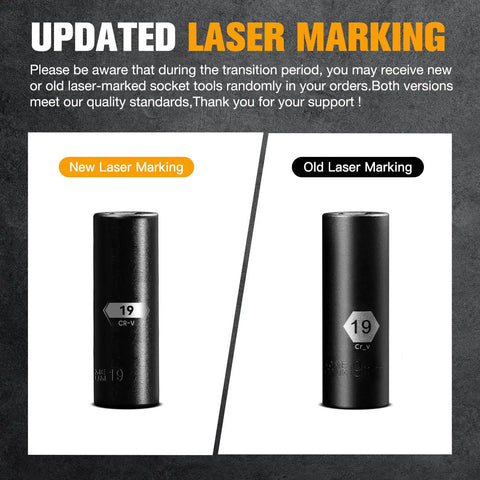Comparison of new and old laser marking on 18 Piece Half Inch Drive Deep Impact Socket Set, showcasing durability and precision.