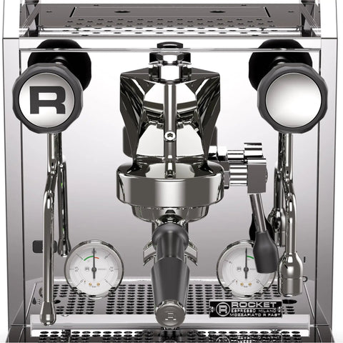 Top Tier Chrome Espresso Machine Cranking Out Perfection With A Rotary Pump Heat Exchanger And PID Temp Control For Smooth Daily Shots At Home Or Hustling Small Cafe Setup, featuring dual gauges and control levers.