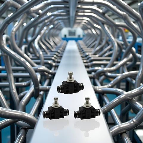 Set Of 3 4mm Tube OD Air Flow Control Valves With Straight Union Push To Connect Fittings PSA 04 displayed on industrial background