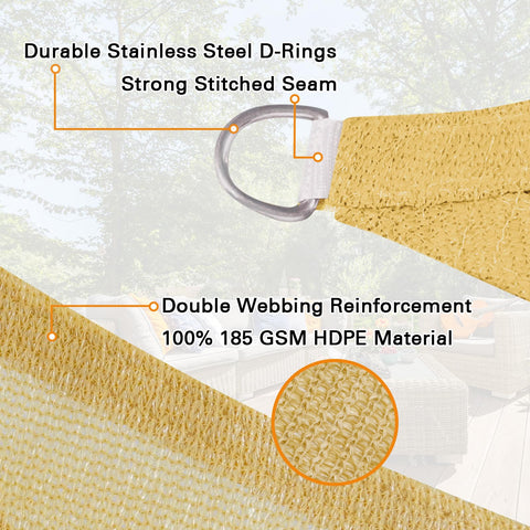 Close-up of Sun Shade Sail 16x20 Sand Rectangular Permeable Outdoor Shade Cloth corner with D-ring and stitching details.