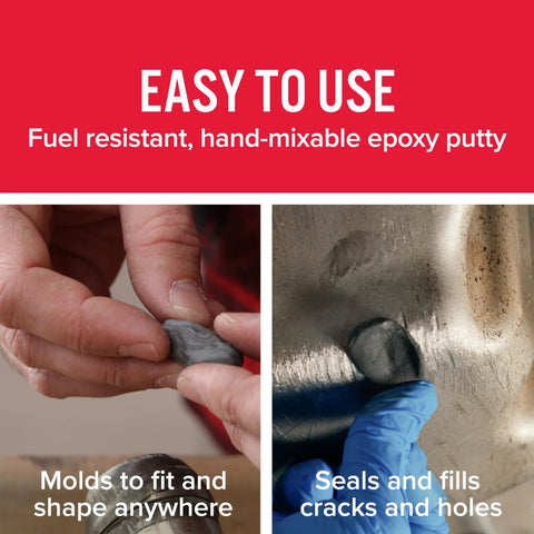 J-B Weld TankWeld gas tank repair epoxy putty, 1 oz, dark grey; hands mold and seal cracks