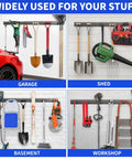 Heavy Duty 48 Inch Wall Mount Garden Tool Organizer With Six Adjustable Hooks Easy Install Steel Black Storage System shown in garage, shed, basement, and workshop settings