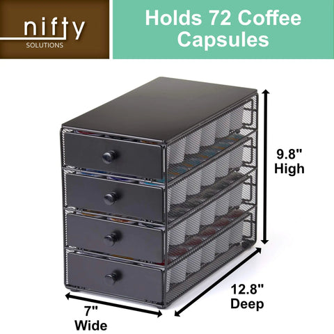 Black Satin 4 Tier Coffee Pod Drawer Organizer Compatible With K Cups Holds Up To 72 Pods With Dimensions 7 W x 9.8 H x 12.8 D