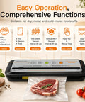 Straight Up Game Changing Compact Vacuum Sealer Machine With One Touch Automatic Sealing controls and sealed meat in a pouch.