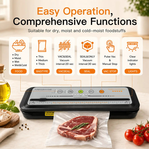 Straight Up Game Changing Compact Vacuum Sealer Machine With One Touch Automatic Sealing controls and sealed meat in a pouch.