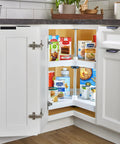 24 Inch Kidney Dual Tier Lazy Susan Slick Rotation Swivel Tray For Corner Base Cabinets Polymer Construction displaying organized food items.