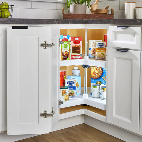24 Inch Kidney Dual Tier Lazy Susan Slick Rotation Swivel Tray For Corner Base Cabinets Polymer Construction displaying organized food items.