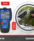 No Hassle OBD2 Code Reader And ABS Scan Tool with size dimensions; man checking engine; handheld scanner display