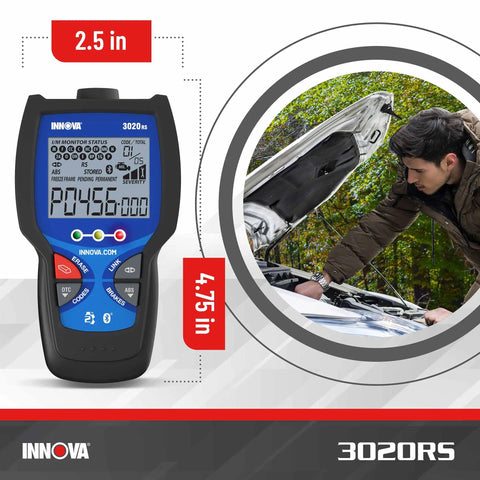 No Hassle OBD2 Code Reader And ABS Scan Tool with size dimensions; man checking engine; handheld scanner display