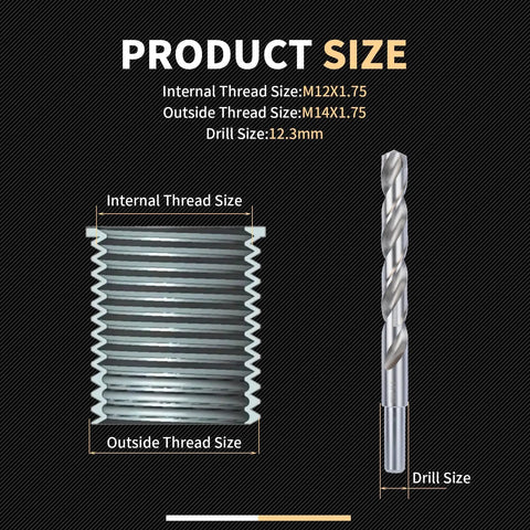 M12X1.75 Thread Repair Kit With Stainless Steel Inserts Drill Tap Counterbore And Install Driver 10 Pcs M12 Thread Inserts Size Diagram