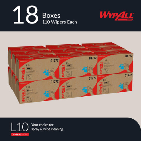 General Clean L10 Light Cleaning Cloths Wipes Pop Up Box White Dairy Towels Soft Highly Absorbent Bulk Paper Wipers 110 Sheets Per Box 18 Boxes Per Case 1,980 Sheets Total For Quick Cleanups. Image shows 18 boxes of Wypall L10 wipes, each with 110 sheets, stacked together.