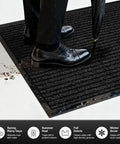 Person standing on Non Slip Waterproof Floor Mat 35x24 Inches for High Traffic Front Door Entryway Indoor Outdoor Rug.