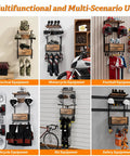 Built Tough Heavy Duty Motorcycle Helmet Holder Wall Mounted Rack Holds Six Helmets And Riding Gear Storage Organizer for gear and helmets display.
