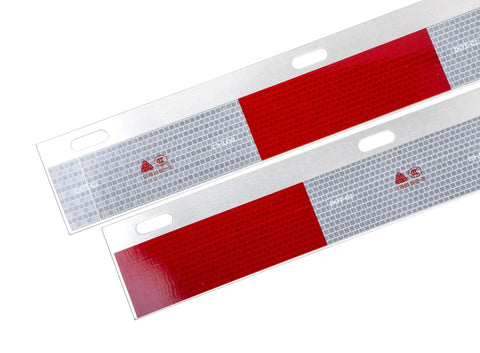 Two red safety reflex plates for mud flap installation, made of reflective material for enhanced visibility and safety.