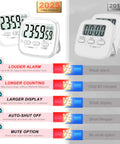 2-Pack Magnetic Kitchen Timers Digital Countdown Stopwatch For Cooking Classroom Office Gym And Kids Activities With Magnetic Backing Battery Included Grab And Go 24 Hour Timer Easy To Use, comparison chart showing new 2025 version with white timers and louder alarm, longer counting, larger display, and mute option alongside old version with small display.