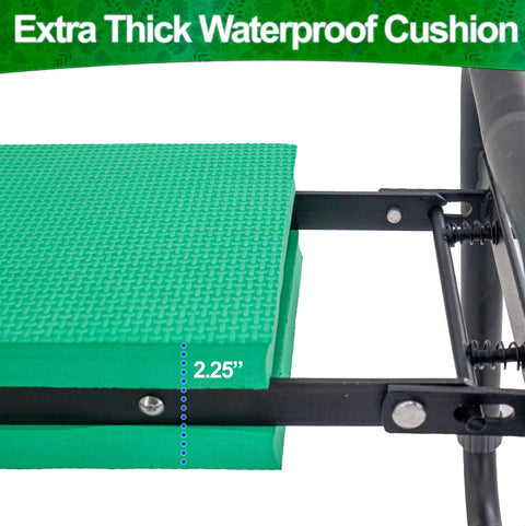 Close-up of 2.25-inch thick EVA foam pad on Adjustable Garden Kneeler And Seat With Handles Heavy Duty Outdoor Foldable Portable Garden Stool.