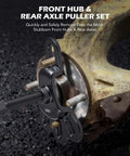 Beast Heavy-Duty Universal Front Wheel Hub Puller Set For Three Point Seven Five To Four Point Five Inch Hubs And Four Point Five To Five Point Five Inch Axles Flange Type Axle Remover Tool Kit With Five Eighth Inch Forcing Bolt in use on hub.