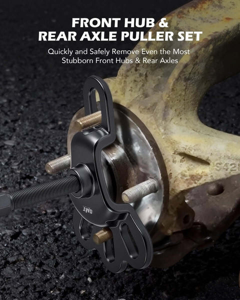 Beast Heavy-Duty Universal Front Wheel Hub Puller Set For Three Point Seven Five To Four Point Five Inch Hubs And Four Point Five To Five Point Five Inch Axles Flange Type Axle Remover Tool Kit With Five Eighth Inch Forcing Bolt in use on hub.