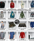 Collage of fishing gear, tackle bag with trays and cooler, various shirts, tackle box, and knives for fishing enthusiasts.