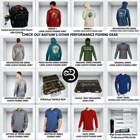 Collage of fishing gear, tackle bag with trays and cooler, various shirts, tackle box, and knives for fishing enthusiasts.