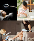 Collage of All-In-One Magnifying Lamp That Slaps With 600 Lumens Daylight LEDs used for beauty, crafting, pedicure tasks.