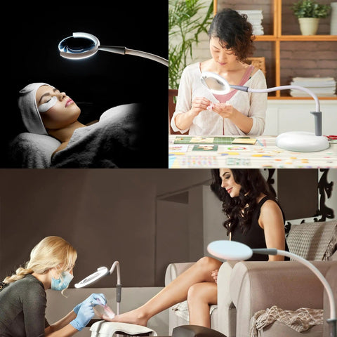 Collage of All-In-One Magnifying Lamp That Slaps With 600 Lumens Daylight LEDs used for beauty, crafting, pedicure tasks.