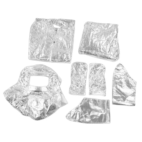 Heavy Duty Aluminum Foil Heat Insulated Suit Takes The Heat At 1200 Degrees Fire Retardant Industrial Safety Gear components displayed on a white background.