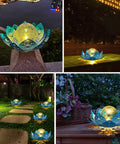 Solar Lotus Flower Garden Lights For Outdoor Patio Decor, glowing crackle ball on gradient blue lotus base, night ambiance