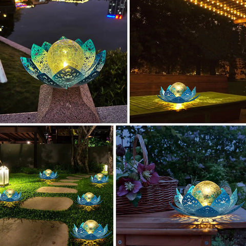 Solar Lotus Flower Garden Lights For Outdoor Patio Decor, glowing crackle ball on gradient blue lotus base, night ambiance