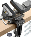 3.3 Inch Bench Vise for Woodworking and Metalworking Heavy Duty Cast Iron with 360 Degree Swivel Base attached to workbench.