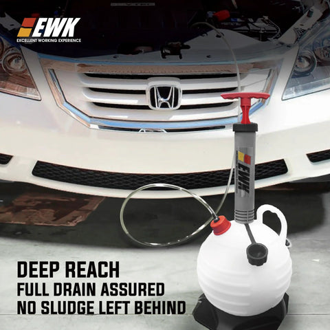 EWK 6L vacuum oil extractor pump with red handle and white reservoir for automotive oil changes