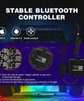 RGB LED Rock Lights Kit With 4 Pods Underglow Neon Lights Bluetooth App Control Music Mode And Flashing Wheel Well Lighting For Truck ATV UTV RZR SUV Get Lit Off Road Decor, showing Bluetooth controller and connection setup.